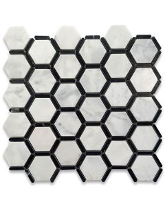 Carrara White Marble 2 inch Hexagon w/ Nero Marquina Black Strips Mosaic Tile Honed