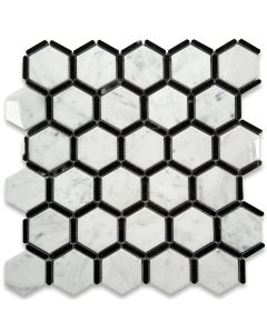 Carrara White Marble 2 inch Hexagon w/ Nero Marquina Black Strips Mosaic Tile Polished