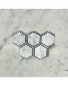 Carrara White Marble 2 inch Hexagon w/ Bardiglio Gray Strip Mosaic Tile Honed