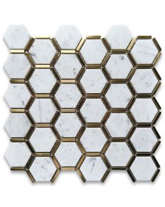 Carrara White Marble 2 inch Hexagon Mosaic Tile w/ Brass Strips Polished