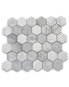 Carrara White Marble 2 inch Hexagon Mosaic Tile Honed Bush-hammered Grooved Multi Finish