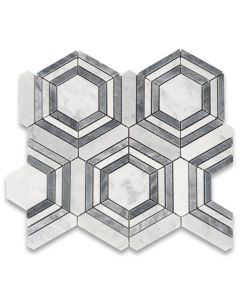 Carrara White Marble 3 inch Hexagon Georama Geometric Mosaic Tile w/ Bardiglio Gray Strips Honed