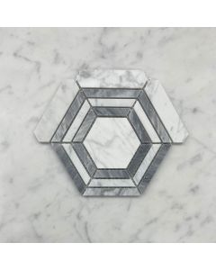 Carrara White Marble 3 inch Hexagon Georama Geometric Mosaic Tile w/ Bardglio Gray Strips Honed