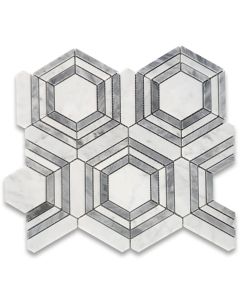 Carrara White Marble 3 inch Hexagon Georama Geometric Mosaic Tile w/ Bardiglio Gray Strips Polished