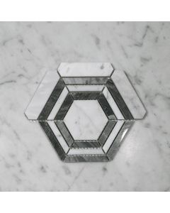 Carrara White Marble 3 inch Hexagon Georama Geometric Mosaic Tile w/ Bardglio Gray Strips Polished