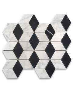 Carrara White Marble 2x3 Illusion 3D Cube Rhombus Diamond Hexagon Mosaic Tile w/ Nero Marquina Black Honed