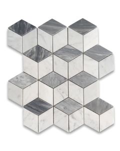 Carrara White Marble 2x3 Illusion 3D Cube Rhombus Diamond Hexagon Mosaic Tile w/ Bardiglio Gray Honed