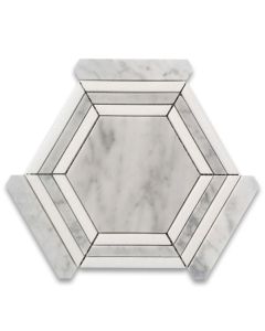 Carrara White Marble 5 inch Hexagon Georama Geometric Mosaic Tile w/ Thassos White Strips Honed