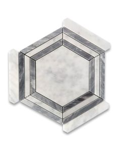 Carrara White Marble 5 inch Hexagon Georama Geometric Mosaic Tile w/ Bardiglio Gray Strips Polished