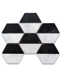 Carrara White Marble 4.5 inch Trapezoid Split Hexagon Mosaic Tile w/ Nero Marquina Black Polished