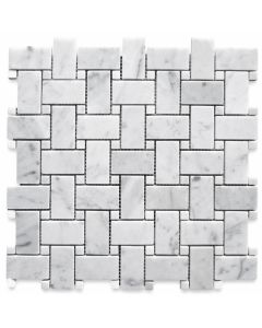 Carrara White 1x2 Basketweave Mosaic Tile w/ Carrara White Dots Honed