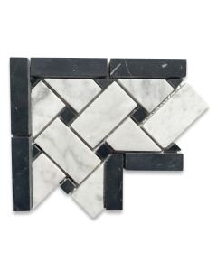 Carrara White 4x4 Basketweave Mosaic Corner w/ Black Dots Honed