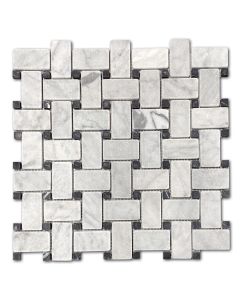 Carrara White 1x2 Basketweave Mosaic Tile w/ Black Dots Tumbled