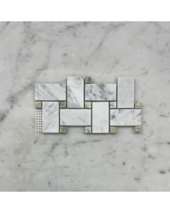 Carrara White 1x2 Basketweave Mosaic Tile w/ Green Dots Honed
