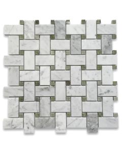 Carrara White 1x2 Basketweave Mosaic Tile w/ Green Dots Polished