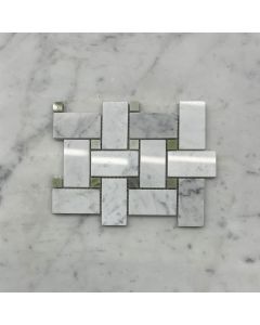 Carrara White 1x2 Basketweave Mosaic Tile w/ Green Dots Polished