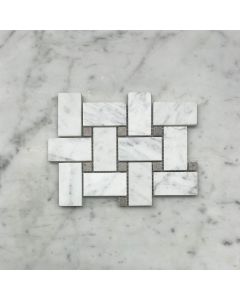 Carrara White 1x2 Basketweave Mosaic Tile w/ Gray Dots Honed