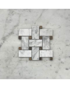 (Sample) Carrara White Marble 1x2 Basketweave Mosaic Tile w/ Emperador Dark Brown Dots Honed