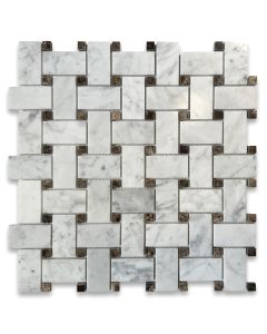 Carrara White 1x2 Basketweave Mosaic Tile w/ Emperador Dark Dots Polished