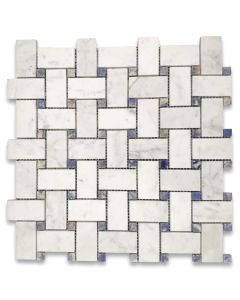 Carrara White 1x2 Basketweave Mosaic Tile w/ Blue Dots Honed