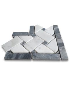 Carrara White Marble 4x4 Basketweave Mosaic Corner w/ Dark Gray Dots Polished