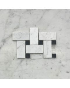 Carrara White Marble Medium Basketweave Mosaic Tile w/ Nero Marquina Black Dots Honed