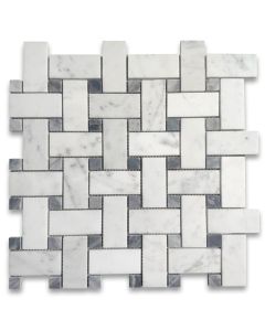 Carrara White Marble Medium Basketweave Mosaic Tile w/ Bardiglio Gray Dots Honed