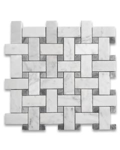 Carrara White Marble Medium Basketweave Mosaic Tile w/ Bardiglio Gray Dots Polished