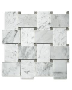 Carrara White Large Basketweave Mosaic Tile w/ Gray Dots Honed