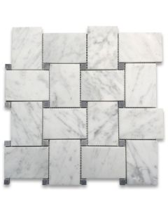 Carrara White Marble Large Basketweave Mosaic Tile w/ Bardiglio Gray Dots Honed