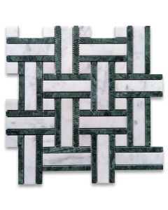 Carrara White Marble 1 inch Twine Basketweave Mosaic Tile w/ Indian Green Honed