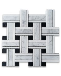 Carrara White Marble 1 inch Twine Basketweave Mosaic Tile w/ Nero Marquina Black Thassos White Honed
