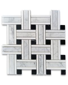Carrara White Marble 1 inch Twine Basketweave Mosaic Tile w/ Nero Marquina Black Thassos White Polished