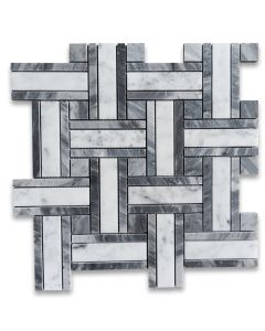 Carrara White Marble 1 inch Twine Basketweave Mosaic Tile w/ Bardiglio Gray Honed