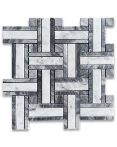 Carrara White Marble 1 inch Twine Basketweave Mosaic Tile w/ Bardiglio Gray Polished