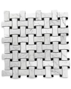Carrara White 1x2 Dogbone Wicker Weave Mosaic Tile w/ Black Dots Polished