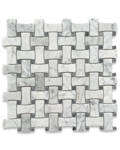 Carrara White Marble 1x2 DogBone Wicker Weave Mosaic Tile w/ Dark Grey Dots Polished
