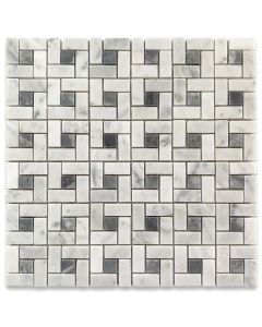 Carrara White Marble Pinwheel Windmill Spiral Target Mosaic Tile w/ Bardiglio Gray Dots Polished
