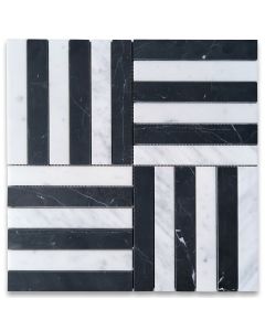 Carrara White and Nero Marquina Black Marble Spectrum Geometric Metro Skyline Mosaic Tile Honed