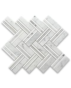 Carrara White 1x4 Herringbone Mosaic Tile w/ Thassos Lines Polished