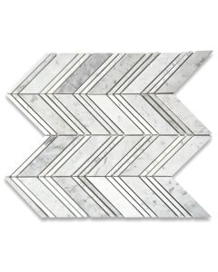Carrara White 1x4 Chevron Mosaic Tile w/ Lines Honed