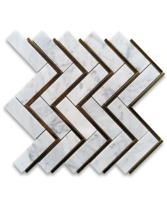 Carrara White Marble 1x4 Herringbone Mosaic Tile w/ Brass Strips Honed