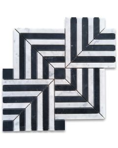 Carrara White and Nero Marquina Black Marble Maze Square Weave Mosaic Tile Honed