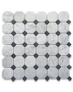 Carrara White 2 inch Octagon Mosaic Tile w/ Black Dots Tumbled