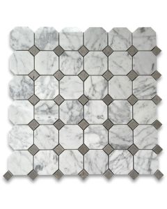 Carrara White 2 inch Octagon Mosaic Tile w/ Gray Dots Polished