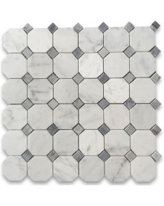 Carrara White Marble 2 inch Octagon Mosaic Tile w/ Bardiglio Gray Dots Honed