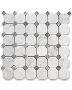 Carrara White Marble 2 inch Octagon Mosaic Tile w/ Bardiglio Gray Dots Polished