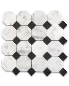 Carrara White Marble 3 inch Octagon Mosaic Tile w/ Nero Marquina Black Dots Polished