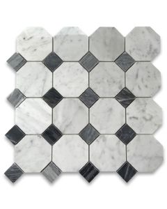 Carrara White Marble 3 inch Octagon Mosaic Tile w/ Bardiglio Gray Dots Polished