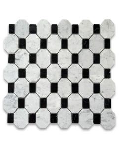 Carrara White Marble 2 inch Regency Stella Long Octagon w/ Black Dots Polished